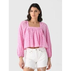 LENU Tara Top Pink Floral Print‎ Size M Babydoll Puff Sleeve Cotton Preppy Girly